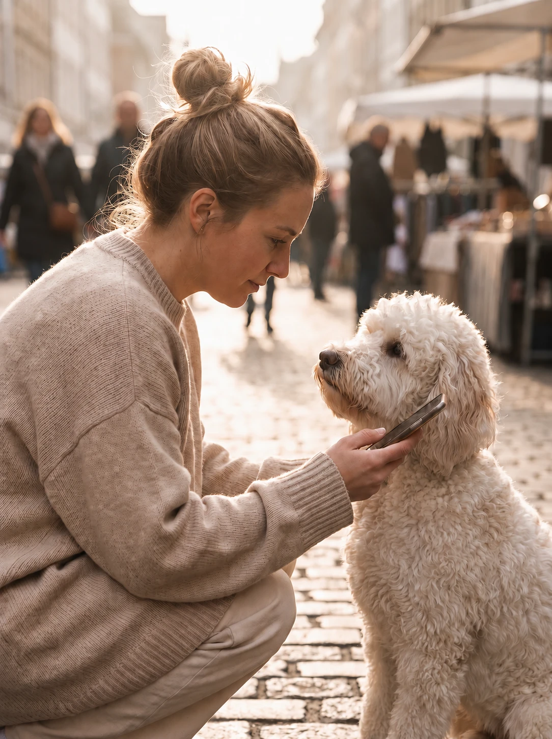 Eine Frau hält ihr Smartphone an den Anhänger am Halsband eines Hundes