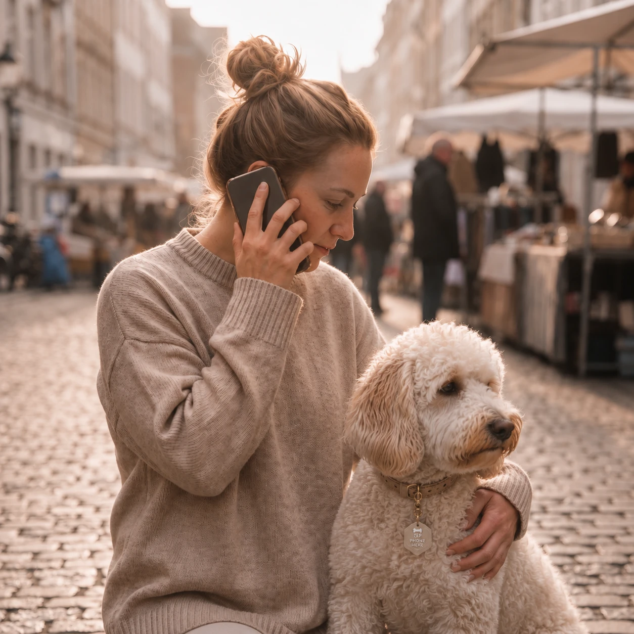 Eine Frau telefoniert, während sie ihren Hund mit Tippipaws Tag am Halsband streichelt